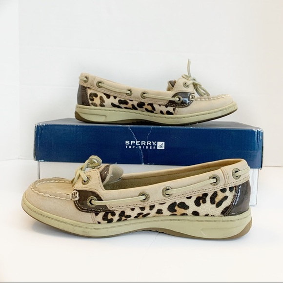 Sperry Anglefish Linen Leopard Print Slip On Boat Shoes Size 5 EUC - Picture 1 of 7